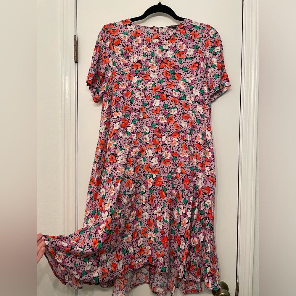 Ann Taylor Petite Floral Puff Sleeve Shift Dress Purple Orange MP